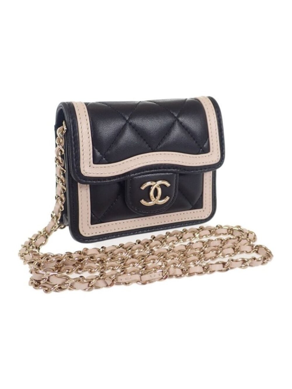 Chanel Mini Quilted Chain Clutch Shoulder Bag Lambskin Black Beige Gold